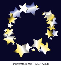 Stars confetti vector polygonal frame. Isolated yellow blue white  grey  gradient stellar elements. Holiday celebration luminous glossy vector template for celebration decorations.