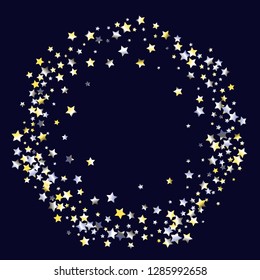Stars confetti vector polygonal frame. Isolated yellow blue white  grey  gradient stellar elements. Festive iridescent holographic shine effect vector template for celebration decorations.