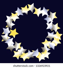 Stars confetti vector polygonal frame. Isolated yellow blue white  grey  gradient stellar elements. Holiday celebration luminous glossy vector template for celebration decorations.