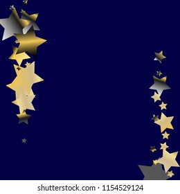 Stars confetti vertical border. Isolated gradient stellar elements. Platinum chrome metal shine. Iridescent festive  celebration vector  background.