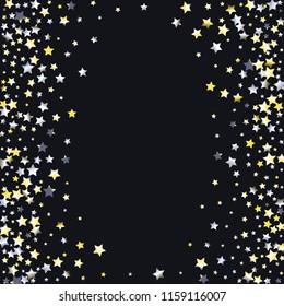 Stars confetti vertical border. Isolated yellow blue white grey gradient celestial elements. Holiday celebration luminous vector background.