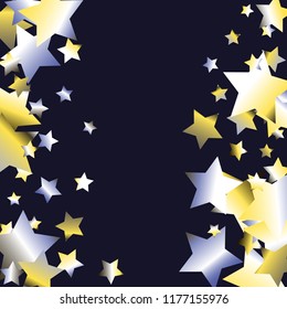 Stars confetti vertical border. Isolated yellow blue white grey gradient stellar elements. Iridescent festive  celebration vector  background.