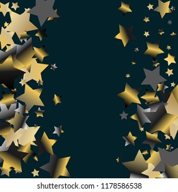 Stars confetti vertical border. Isolated gradient celestial elements. Platinum chrome metal glitter. Holiday celebration luminous vector background.