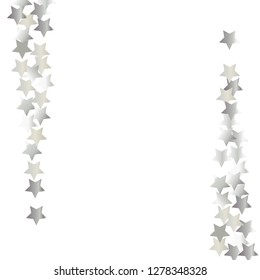 Stars confetti vertical border. Isolated gradient celestial elements. Platinum metallic gloss. Holiday celebration luminous vector background for decorations, posters.