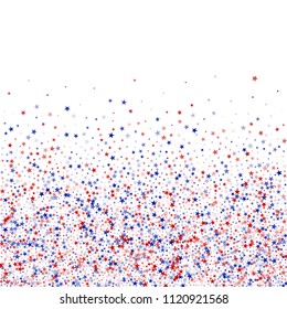 Stars Confetti in White, Blue, Red, Navy  Colors. USA Festival Flyer Pattern Design. Liberty Patriotic Texture. Packaging, Ad Stars Background.