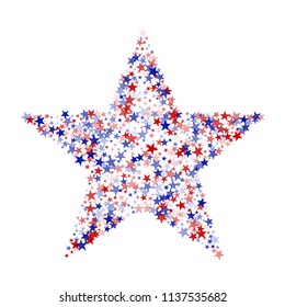 Stars Confetti in White, Blue, Red, Navy Colors. USA Festival Flyer Pattern Design. American Democracy Texture. Flyer, Cover Print Design Background.