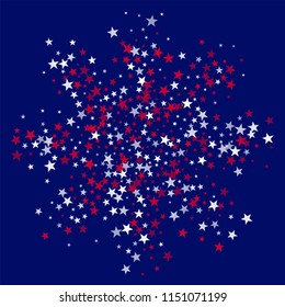 Stars Confetti in White, Blue, Red, Navy  Colors. USA Concept Poster Pattern Design. Independence Day Texture. Poster, Advertising Print Design Background.