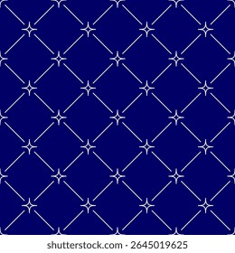 Stars connected with thin lines seamless pattern background. White four rays stars on the deep blue night sky back