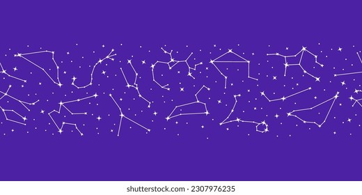 Stars constellations, astrology seamless pattern on purple background with copy space. Zodiac constellations of shiny stars repeating print for packaging, cover, wrapping paper vector illustration