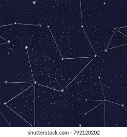 Stars and constellations on a dark night sky. Seamless vector pattern black hand-drawn wallpaper