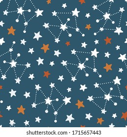 Stars and constellations, seamless pattern. Color vector background. Illustration with space theme. Design for T-shirt, textile and prints.