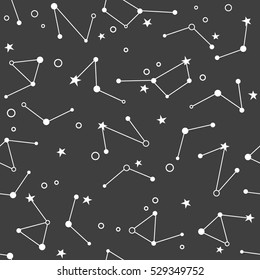Stars and constellations, seamless pattern vector. Hand drawn backdrop with white icon set. Modern background with flat line icons, night sky. Decorative wallpaper, good for printing for observatory