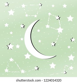 Stars and constellations. Space Galaxy abstract vector pattern with stars and moon on the pastel sky. Cosmic starry green background.