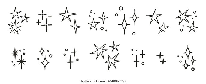 Stars crayon hand drawn set. Magic twinkle icons. Shine, spark, or light chalk elements. Sketches of various sparkles. Doodle glitter sparks. Vector illustration