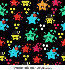 Stars Cute Seamless Pattern, Cartoon Vector Illustration, Isolated Background