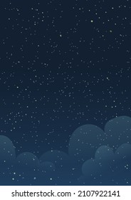 Stars at dark blue night and transparent clouds, kids wallpaper design, postcard background. Dark blue cosmos scene with cloudsat night. Vector design in watercolor style.