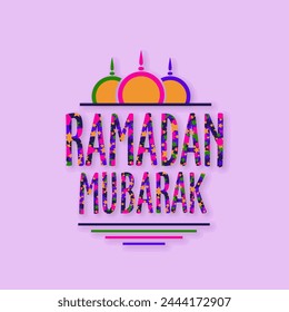Stars decorated colorful wishing text Ramadan Mubarak with upper part of mosque on pink background, Elegant greeting card design for Islamic holy month of prayers, celebration.