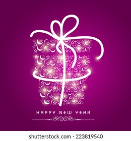 Stars decorated gift box wrapped by white ribbon on purple background for Happy New Year 2015 celebrations. 