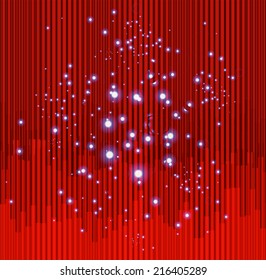 Stars and defocused light dots on red vertically striped background 