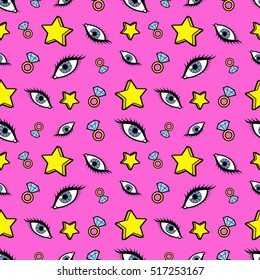 Stars Diamonds and Eyes Seamless Pattern. Fashion Background in Retro Comic Style. Vector illustration