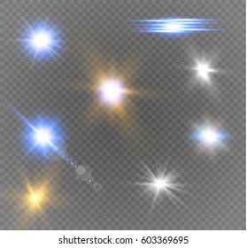 Stars of different colors,set light effects,vector illustration.Sun.Special effect isolated on a transparent background.
