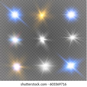 Stars of different colors,set light effects,vector illustration.Sun.Special effect isolated on a transparent background.