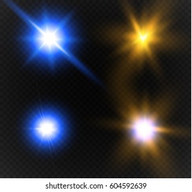 Stars of different colors,set light effects,vector illustration.Sun.Special effect isolated on a transparent background.