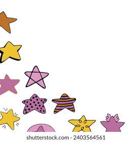 Stars of different designs are located along the edges. Frame, border. Simple symbol. Design element, ornament. Vector illustration.