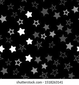 Stars in different shapes and forms. Merry Christmas and New Year seamless vector pattern. Colorful background for Xmas.