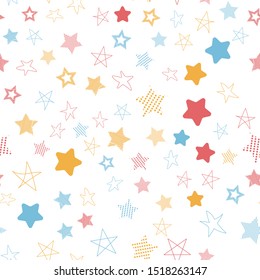 Stars in different shapes and forms. Merry Christmas and New Year seamless vector pattern. Colorful background for Xmas.