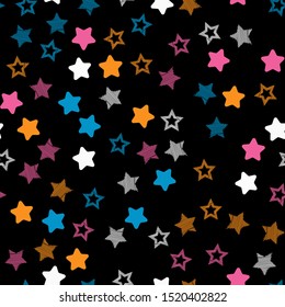 Stars in different shapes and forms. Merry Christmas and New Year seamless vector pattern. Colorful background for Xmas.