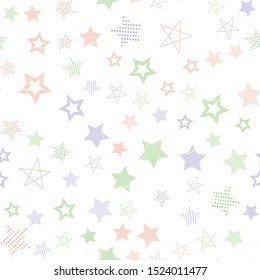 Stars in different shapes and forms. Merry Christmas and New Year seamless vector pattern. Colorful background for Xmas.
