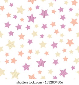 Stars in different shapes and forms. Merry Christmas and New Year seamless vector pattern. Colorful background for Xmas.