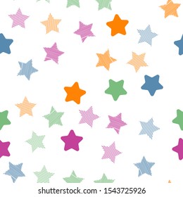 Stars in different shapes and forms. Merry Christmas and New Year seamless vector pattern. Colorful background for Xmas.