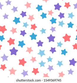 Stars in different shapes and forms. Merry Christmas and New Year seamless vector pattern. Colorful background for Xmas.