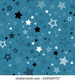 Stars in different shapes and forms. Merry Christmas and New Year seamless vector pattern. Colorful background for Xmas.