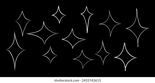 Stars of different shapes on black background, in Doodle style, vector illustration