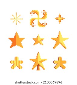 Estrellas de diferentes formas de píxeles de arte símbolo conjunto de decoración, premio, calidad, clasificación. Fuegos artificiales. Ilustración vectorial aislada de estrella dorada. Diseño de elementos para aplicaciones móviles, sticker, web, logotipo. 