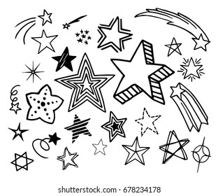 Stars of different shapes and sizes.Hand drawn cartoon doodle vector illustration.