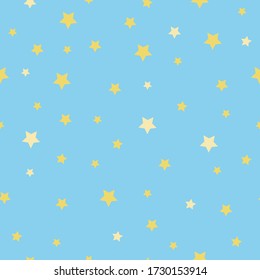 Stars of different sizes: a small star, a large star of light yellow and yellow color on a blue background. Seamless pattern. Vector illustration