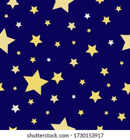 Stars of different sizes: a small star, a large star of light yellow and yellow color on a dark blue background. Seamless pattern. Vector illustration