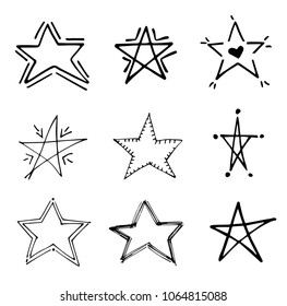Stars doodle black vector geometric  set. Cute hand drawn stars on white background. Vector illustration for print, textile, paper. Sketch hand drawn  abstract grunge star set.Brush marker sketch