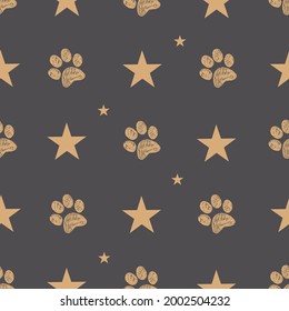 Stars with doodle gold paw prints and stars seamless fabric pattern