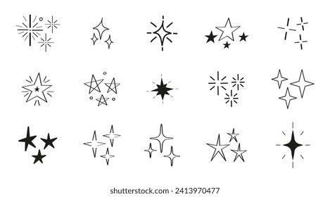 Vector de iconos de garabatos de estrellas. Starburst, monocromas de fuegos artificiales. Gran colección de arrebatos de sol de la mejor calidad. Clasificación por estrellas, efecto de brillo, formas.
