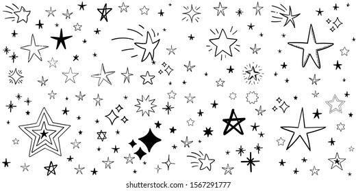 Stars Doodle Set. Hand Drawn Star Sketch Illustrations. Vector Collection.