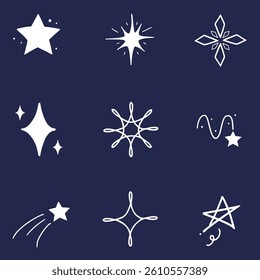 Stars doodle sparkling collection set variation hand drawn white pen doodle sketch illustration for graphic element, asset, poster, design, icon, symbol, children book.