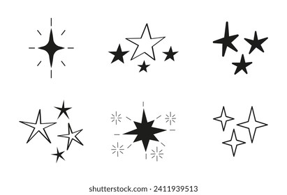 Stars doodle, sunburst shadow icons vector. Starburst, firework monochromes. Big collection sunburst best quality. Star rating, firework explosion, logo, emblem.
