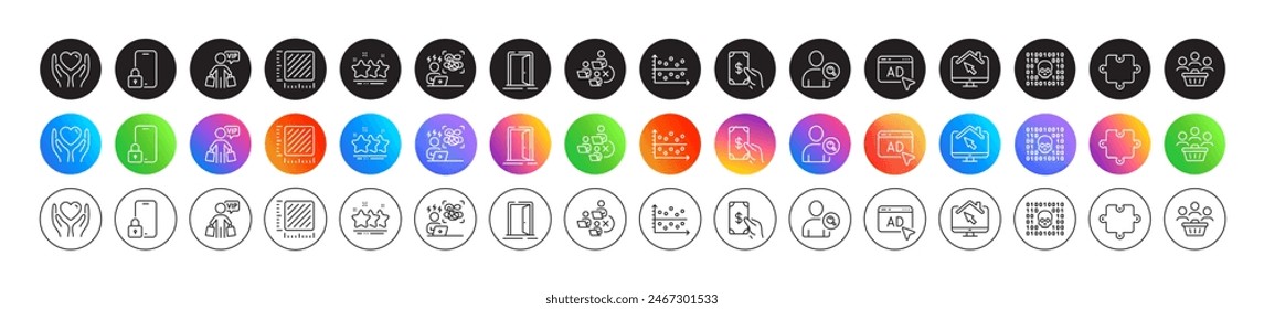 Stars, Dot plot and Puzzle line icons. Round icon gradient buttons. Pack of Buyers, Hold heart, Work home icon. Receive money, Find user, Lock pictogram. Vector