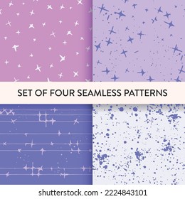 Stars, dots, line seamless repeat pattern set. Vector illustration. Pattern collection for print, scrapbooking, wallpaper, textile, fashion, packaging, wrapping paper. 
