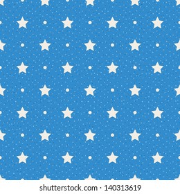 Stars and dots on blue background. Seamless textured polka dots pattern